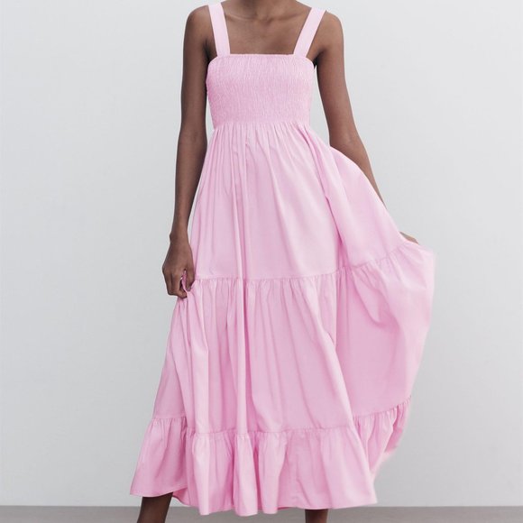 Zara Poplin Midi Dress in Pink - Picture 1 of 4